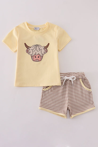 Highland cow applique shorts set