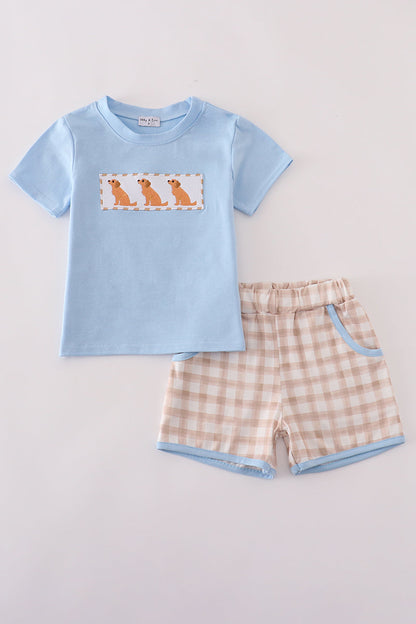 Beige puppy embroidery gingham shorts set