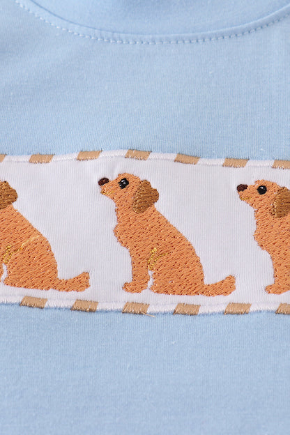 Beige puppy embroidery gingham shorts set
