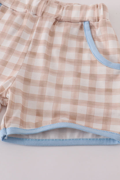 Beige puppy embroidery gingham shorts set